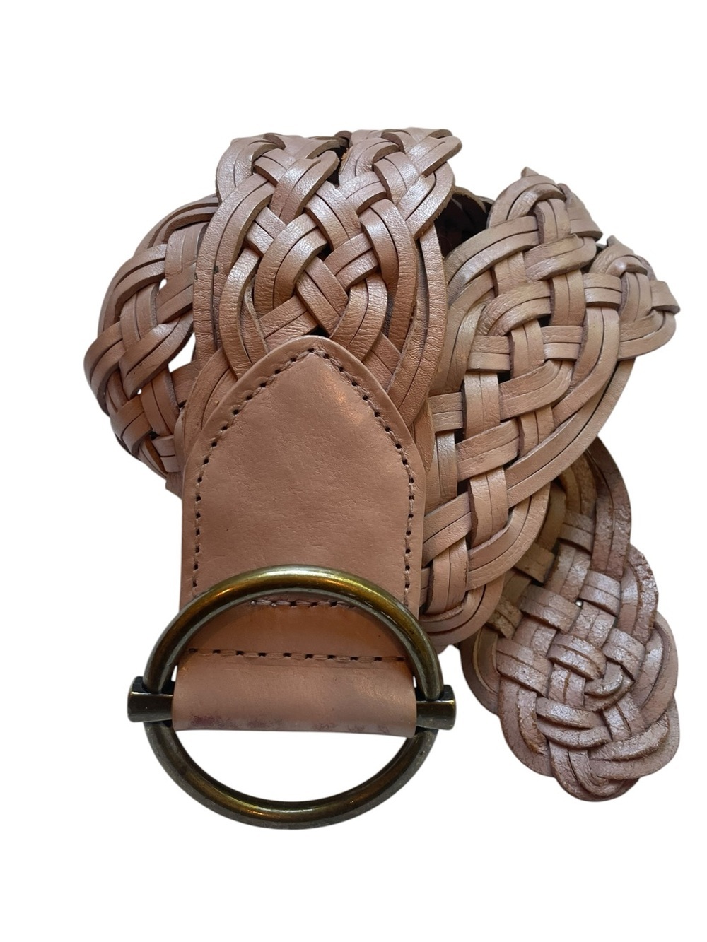 Talbots Taupe Wide Braided Leather Belt Womens S Brass Buckle 2.25" Boho Western